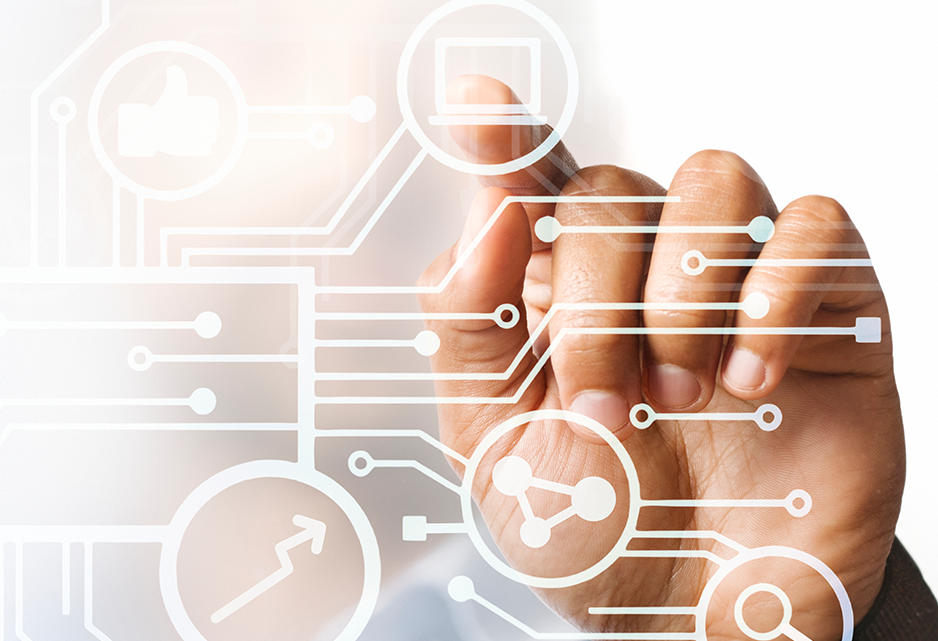 immagine di software gestionale con mano che tocca schermo tecnologico, per pagina prodotti.