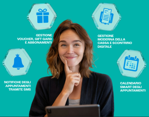 Immagine di una ragazza che pensa e dietro le appaiono delle nuvolette esagonali con denro le soluzioni software di MTPSolutions.it.